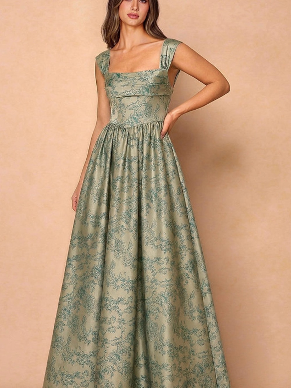 Azazie Runa GreenFloral Jacquard Maxi Dress